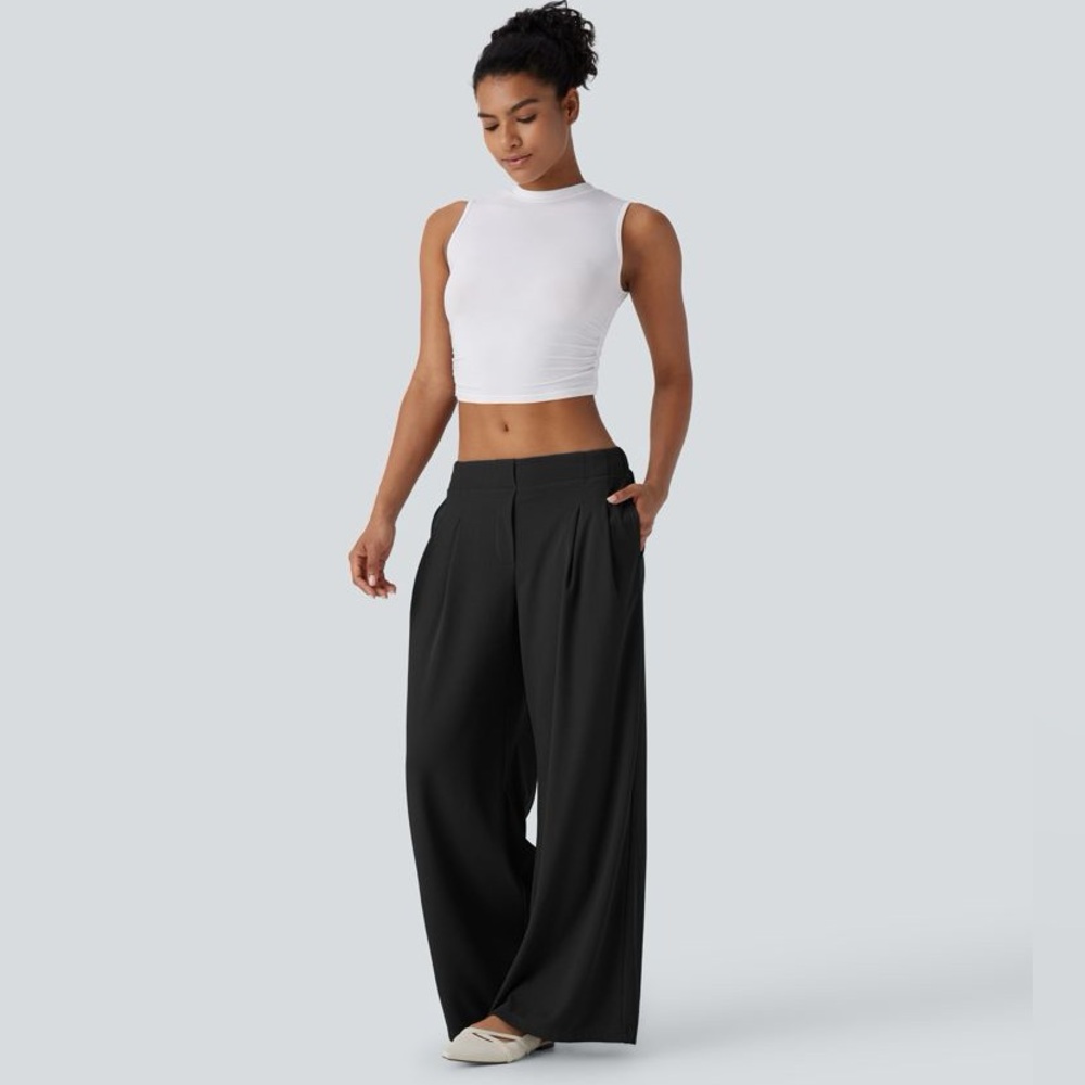 New Halara Low Rise Pocket Wide Leg Waffle Casual Pants Black Small